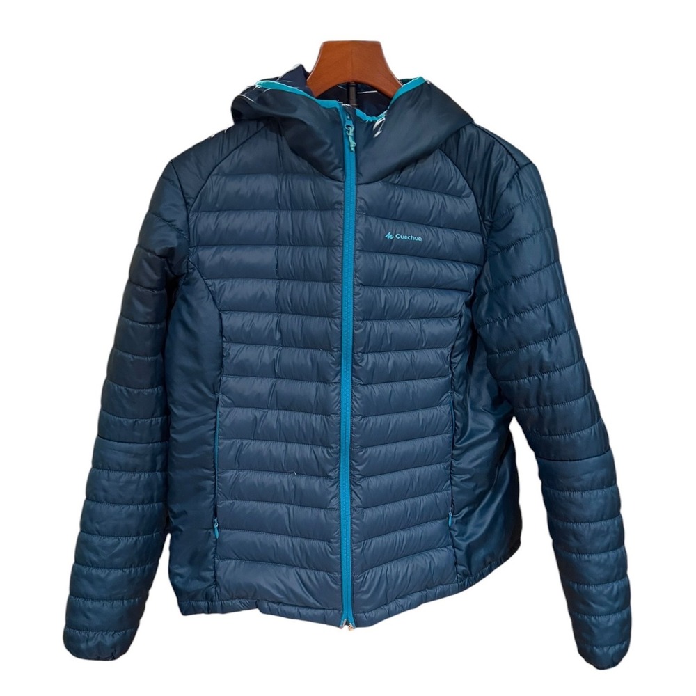 Quechua Decathlon Womens Blue Hooded down Puffer Jacket Lightweight Hike  Coat L